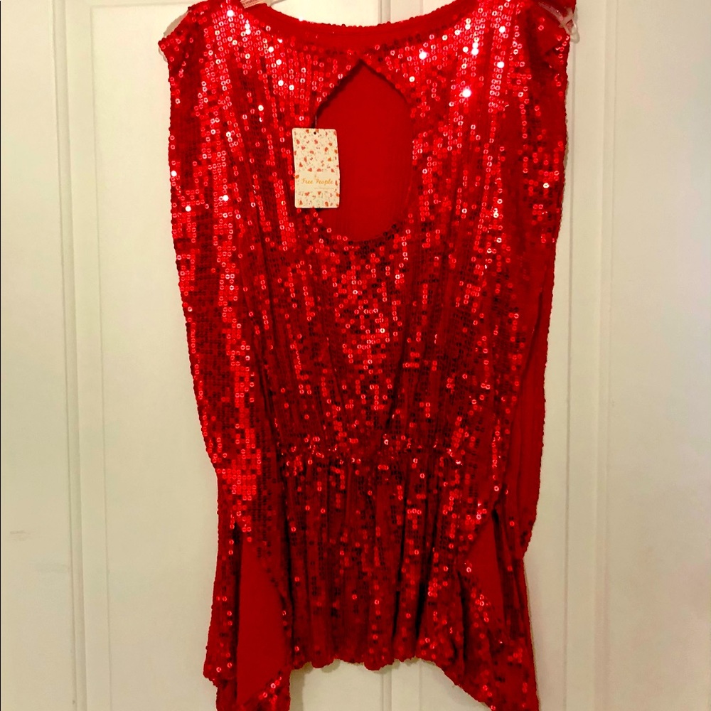 NWT Free People Red Sequin Flapper Flutter Top